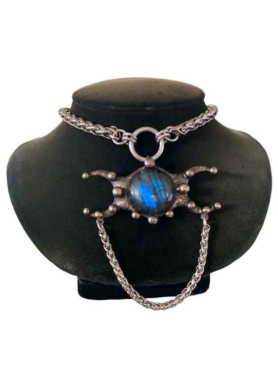 Silverskylight Jewelry - Dark blue iridescent labradorite stone triple moon charm boho goth necklace